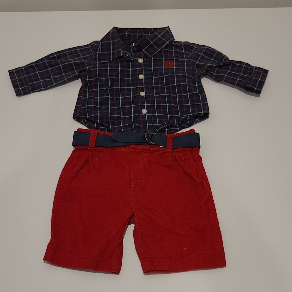 Chaps Navy and Red Baby Shirt Pants Belt Set NEWBORN